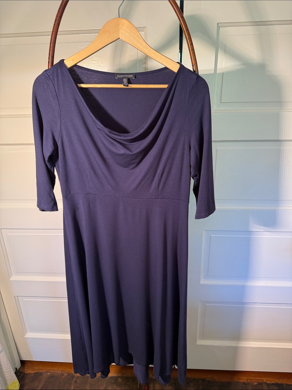 Eileen Fisher Navy Jersey Midi high/low everyday Dress Draped Neck 3/4 Sleeve Sp